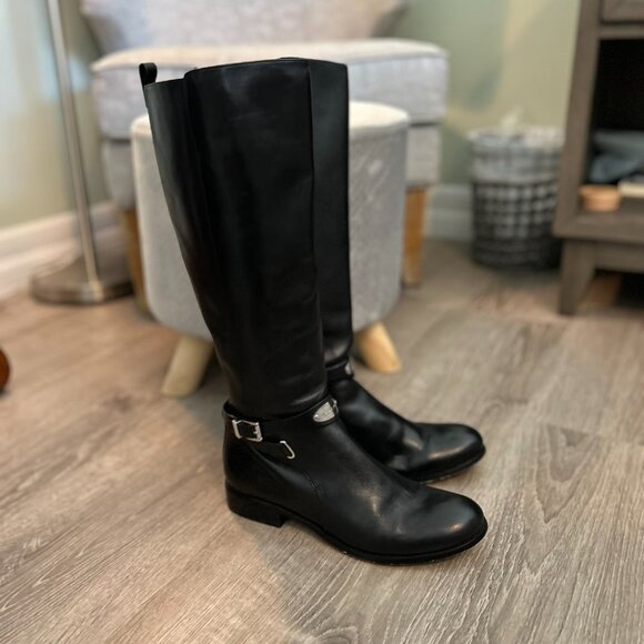 Michael Kors Women's Arley Riding Boots Black 11M | Black Leather | Silver Logo - Picture 2 of 12